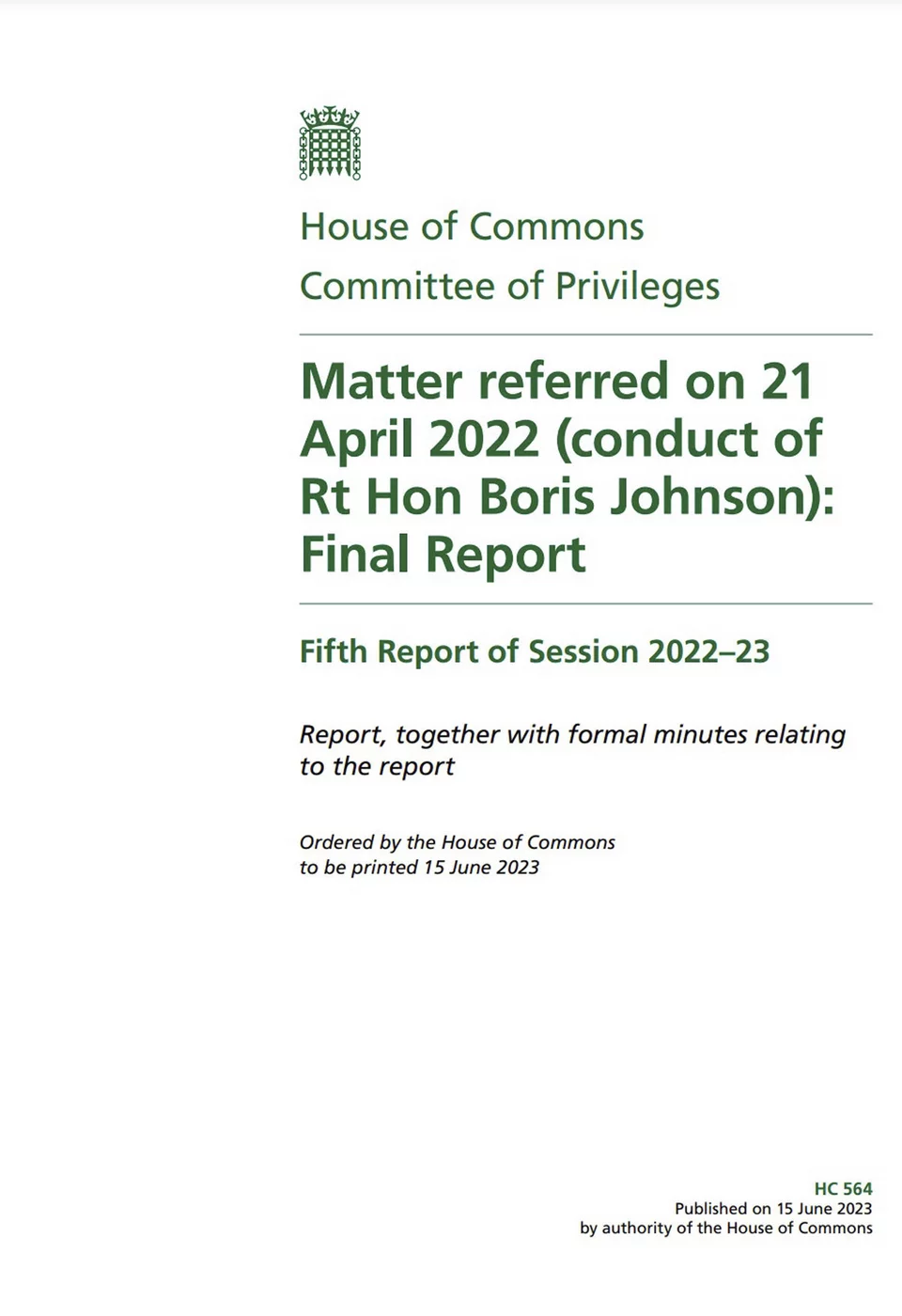 H πρώτη σελίδα του πορίσματος - καταπέλτη για τον Τζόνσον της Επιτροπής Προνομίων, βασικού πειθαρχικού οργάνου για τα μέλη του βρετανικού Κοινοβουλίου 